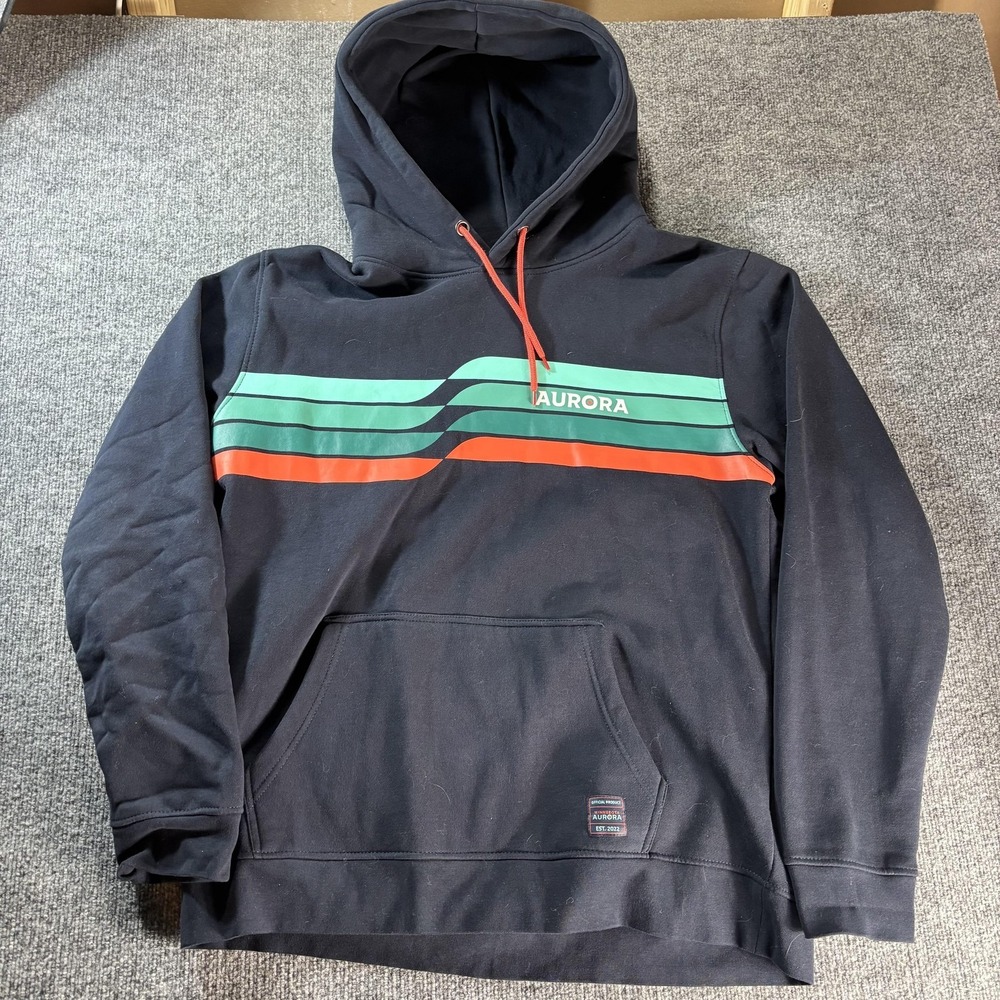 Aurora Hoodie Mens 2XL Black Pullover Fleece Stripe Graphic Logo Kangaroo Pocket